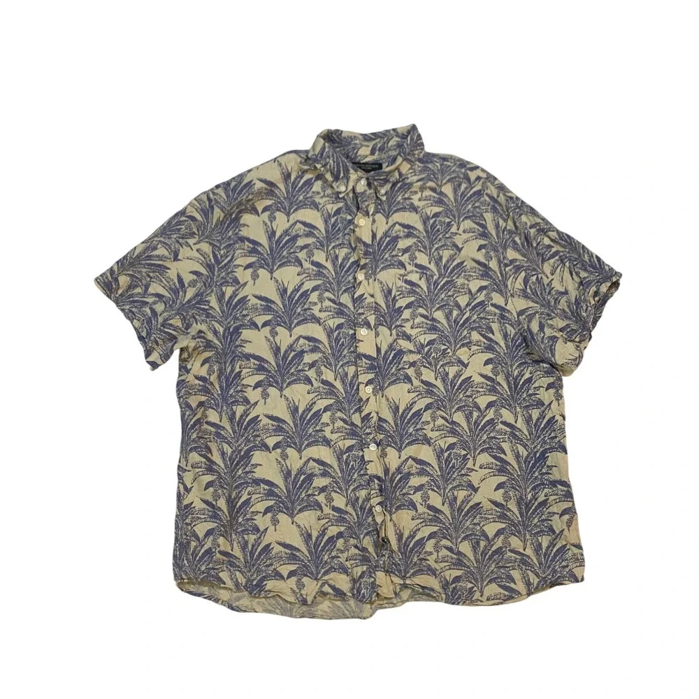 Banana Republic Mens XL 100% Linen Palm Tree Short Sleeve Button Down Shirt Blue